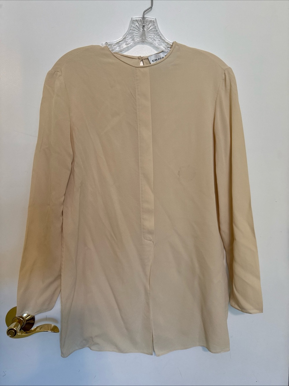 Emanuel Ungaro Silk Satin-Neck Tunic Blouse in Soft Beige
